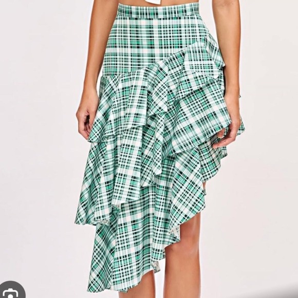 Amur Pippie Plaid Asymmetrical Ruffle Skirt Green Tiered Size 4 - Picture 1 of 8